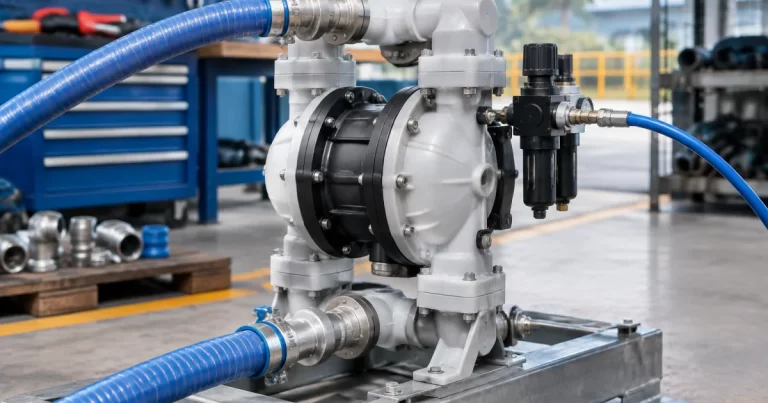 Air-operated diaphragm pump with hoses and fittings in an industrial maintenance area.
