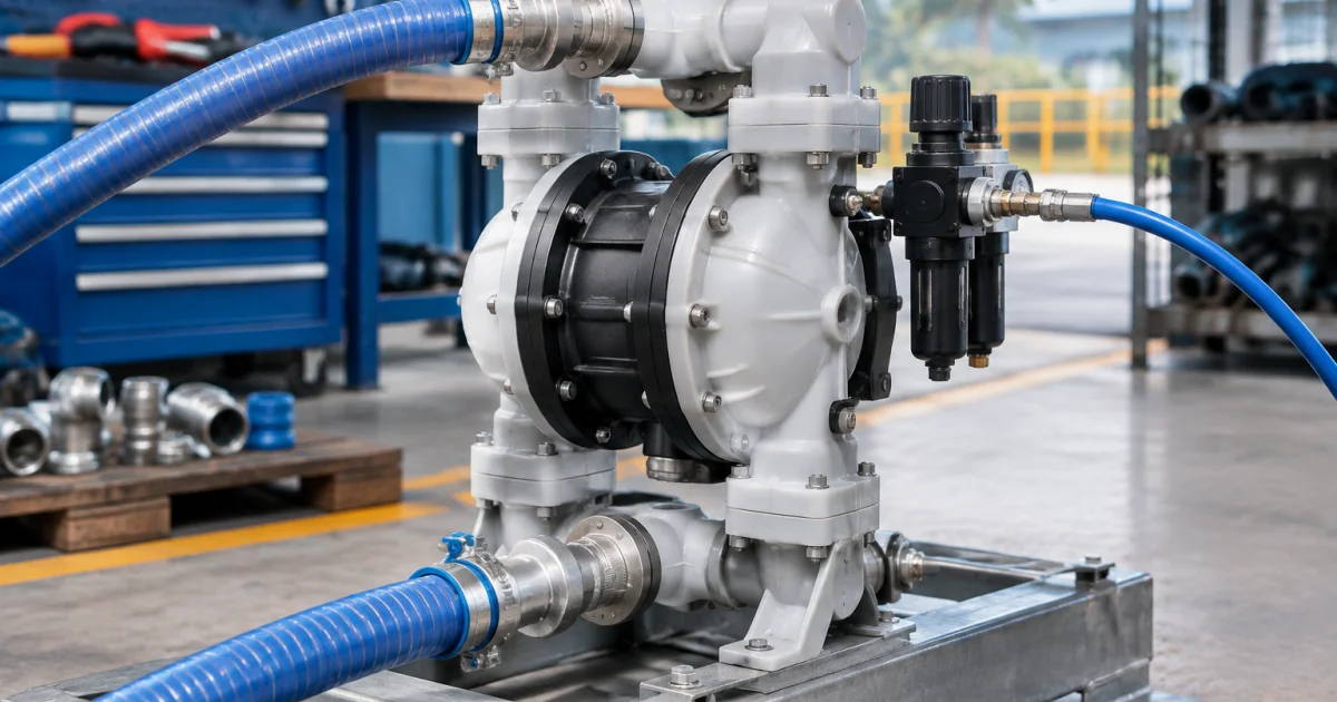 Air-operated diaphragm pump with hoses and fittings in an industrial maintenance area.