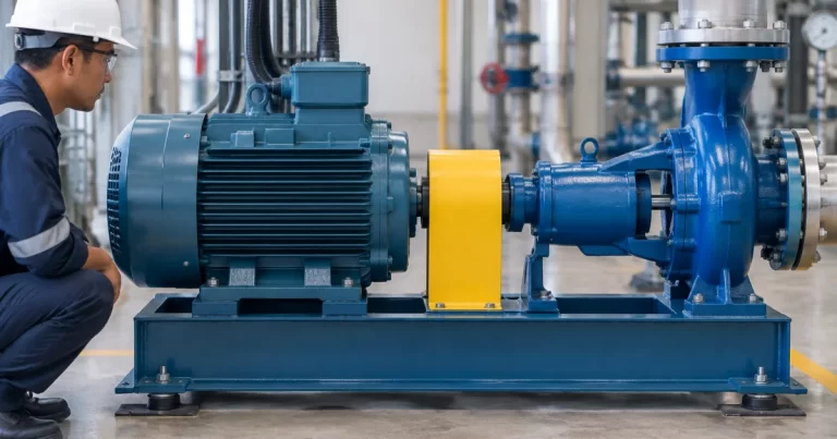 Industrial electric motor coupled to a pump on a baseplate.