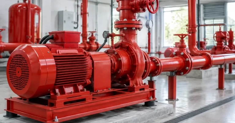 Industrial fire fighting pump set installed in a factory pump room.