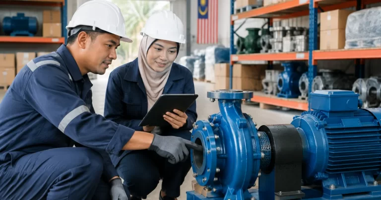Technician and engineer inspecting a pump in a local supplier warehouse.